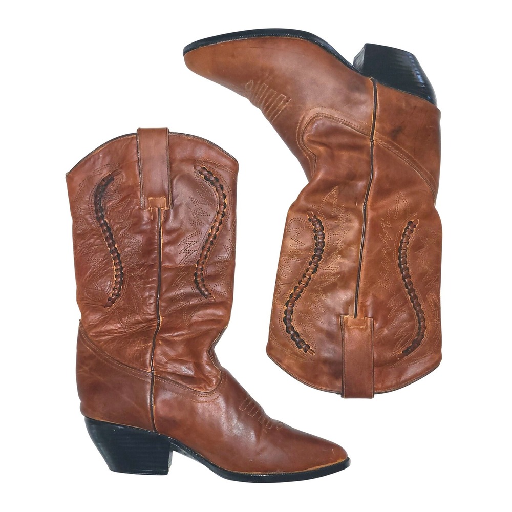 VTG Maine Woods Cognac Brown Leather Cowboy Western Braided Boots Women 7.5
